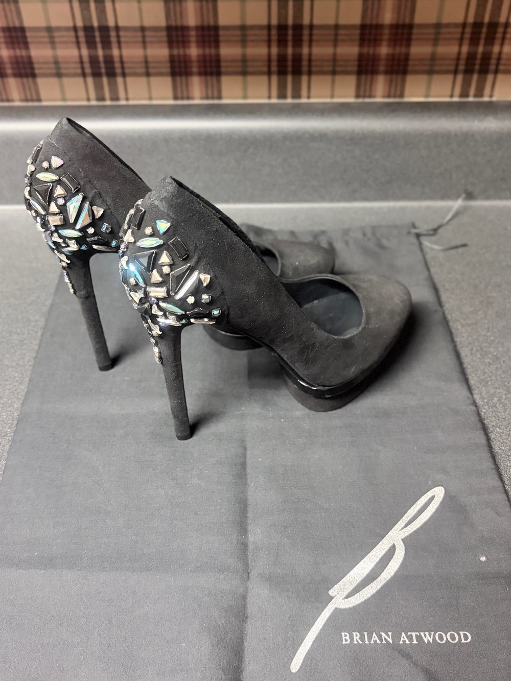 NWT New Brian Atwood Black Suede Crystal Platform Pumps - Size 8